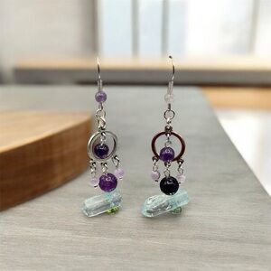 Elegant Purple Amethyst And Crystal Silver tone Dangle Earrings